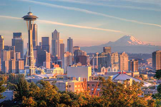 Seattle skyline with Space Needle and Mt. Rainier